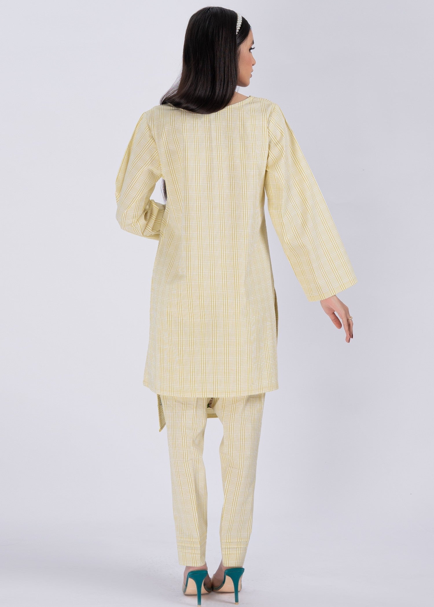 Edowlark Lime Green Plaided Embroidered Shirt & Trouser Set Women 2pcs