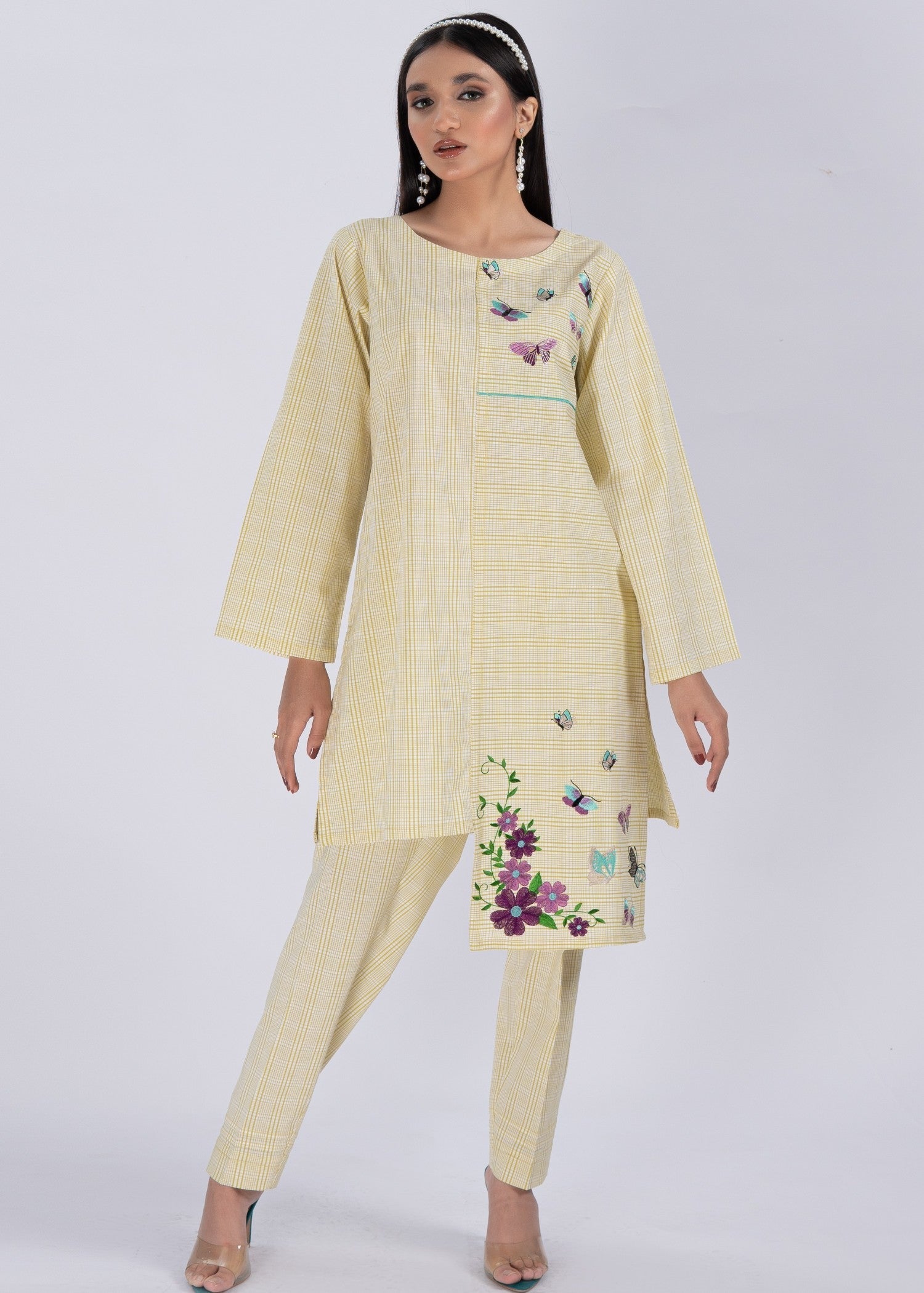 Edowlark Lime Green Plaided Embroidered Shirt & Trouser Set Women 2pcs