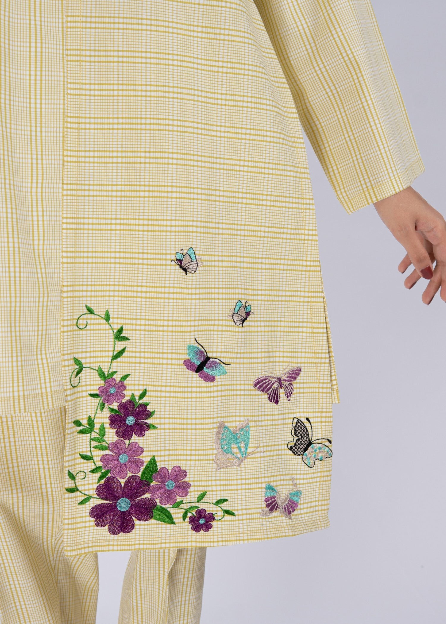 Edowlark Lime Green Plaided Embroidered Shirt & Trouser Set Women 2pcs