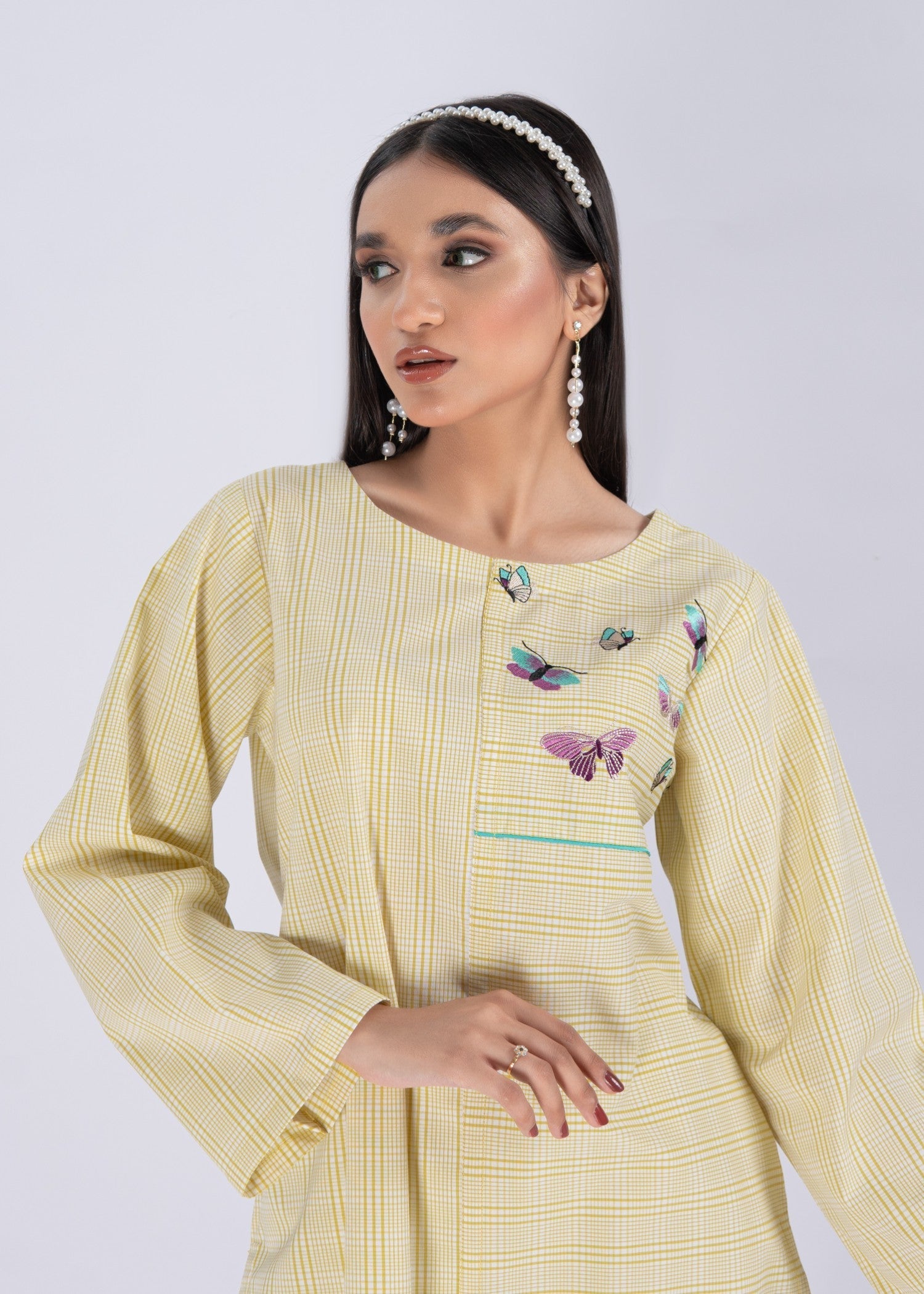 Edowlark Lime Green Plaided Embroidered Shirt & Trouser Set Women 2pcs