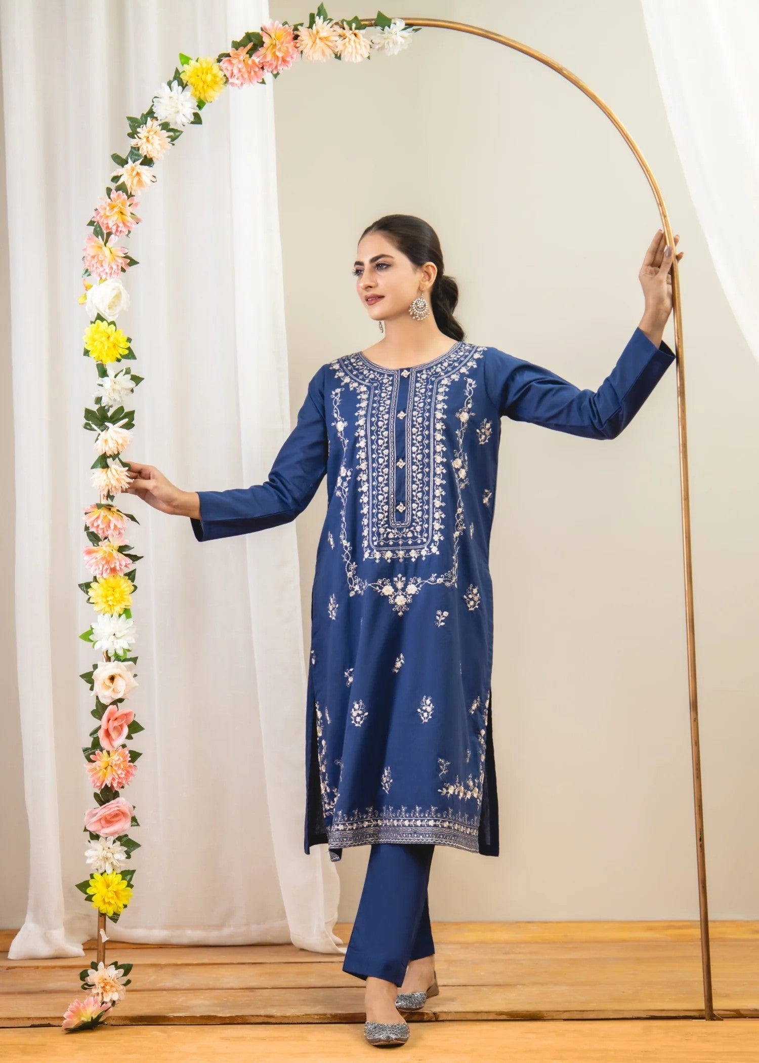 Ahlam By Safa Textile Embroidery Shirt With Plain Trouser Women 2pcs