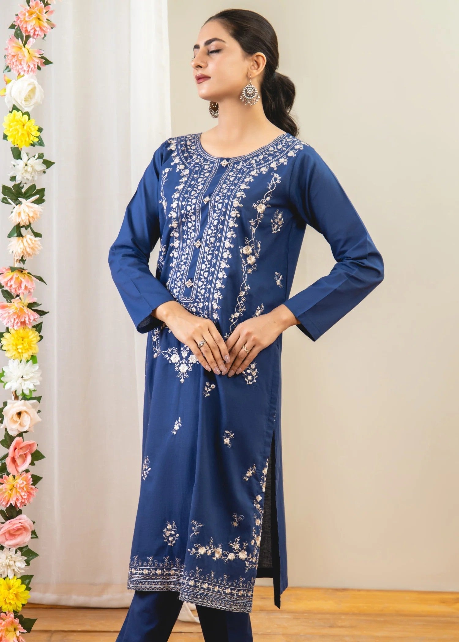 Ahlam By Safa Textile Embroidery Shirt With Plain Trouser Women 2pcs