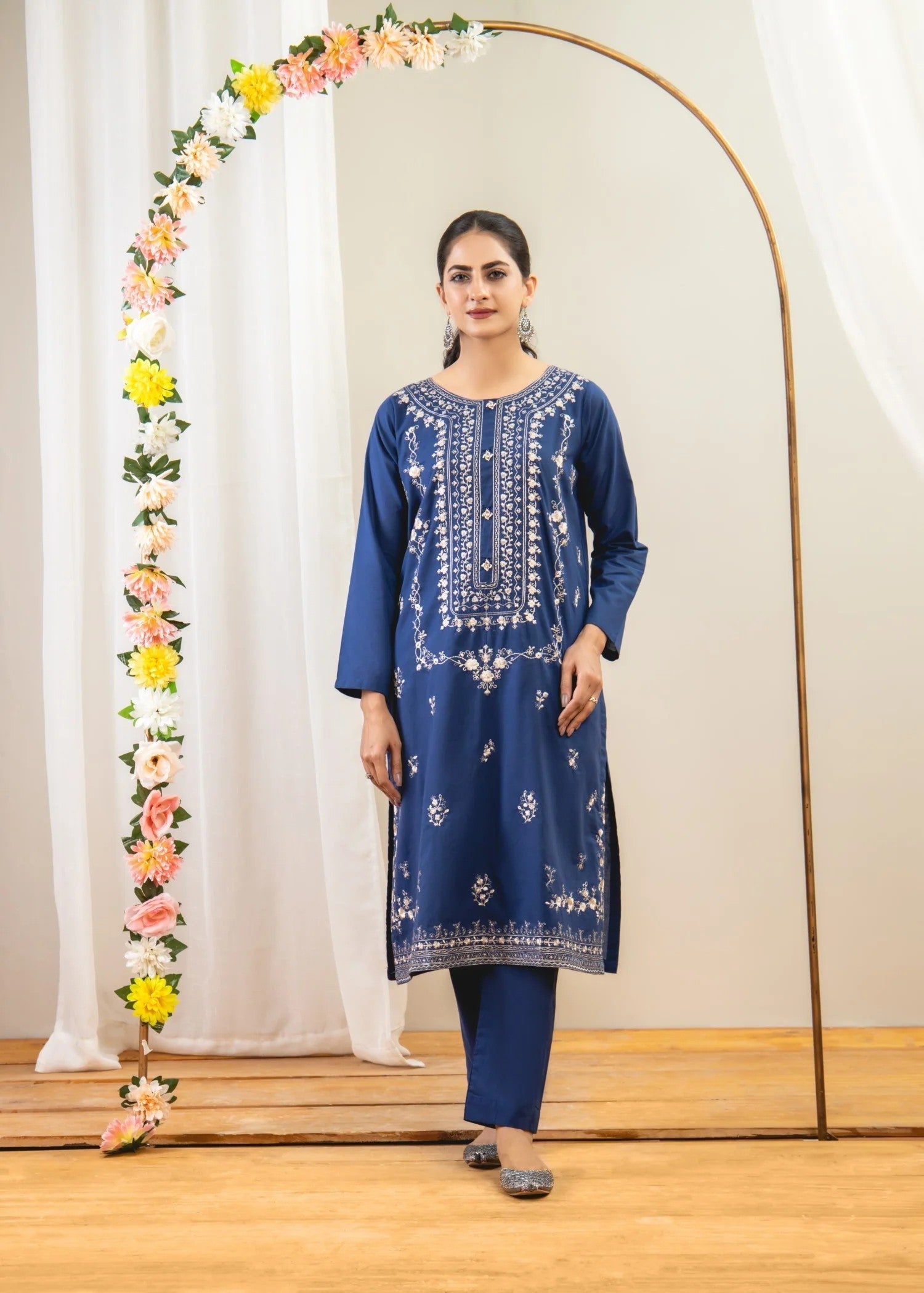 Ahlam By Safa Textile Embroidery Shirt With Plain Trouser Women 2pcs