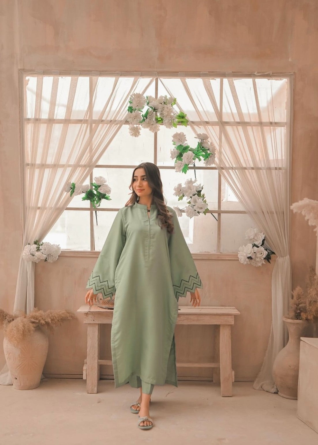 Zauk Apple Green Embroidered Two Piece Dress Women 2pcs