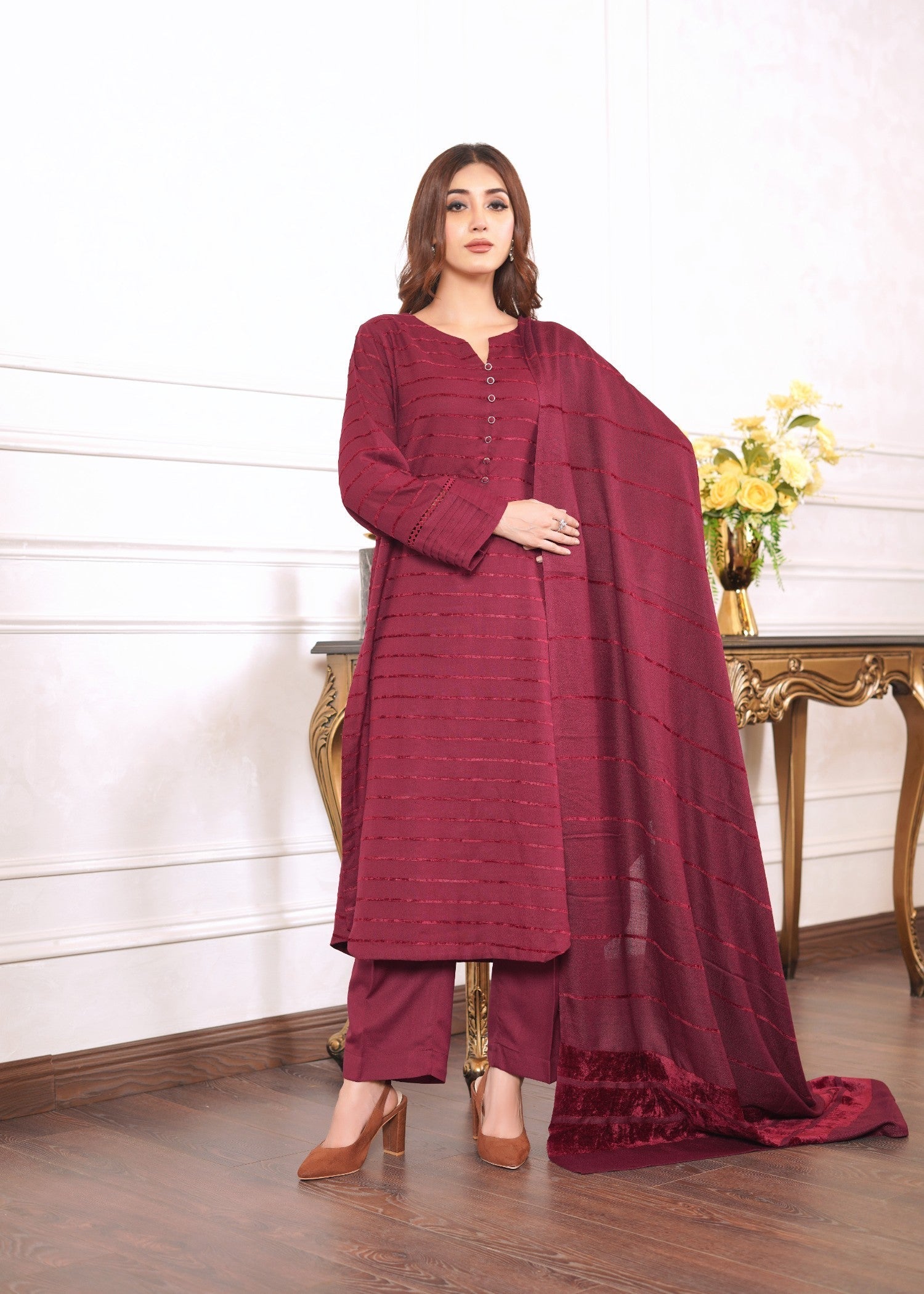 Yolo Pret Alpine Velvet Shirt with Velvet Border Shawl and Plain Trouser W24 VEL 0003 Women 3pcs