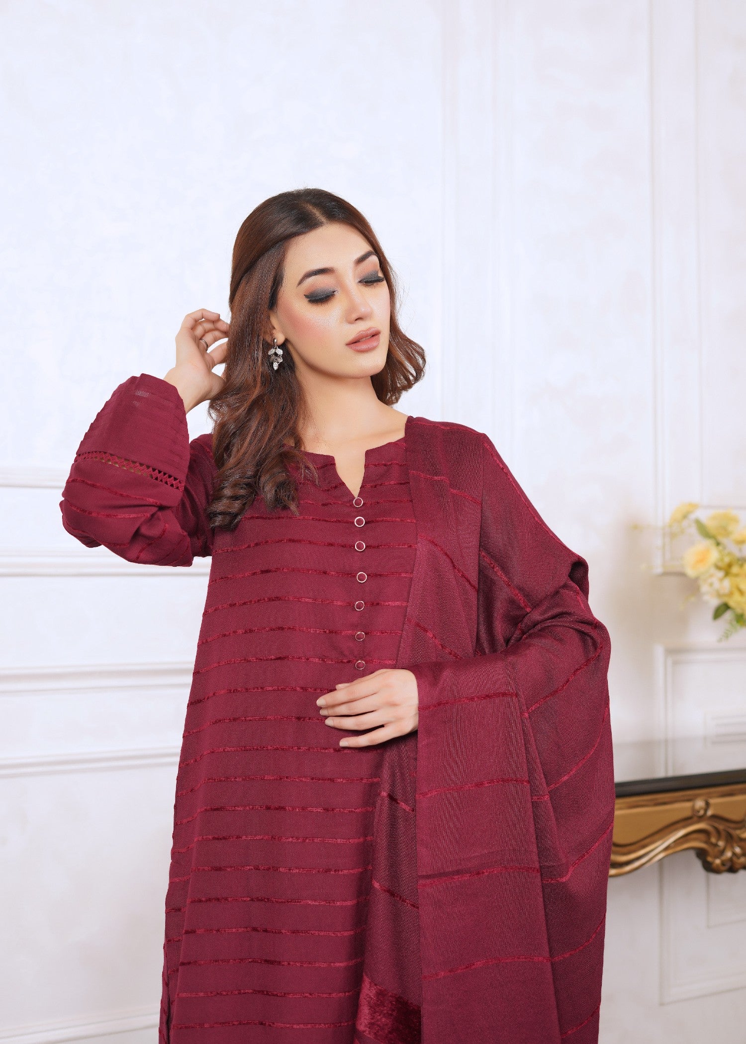 Yolo Pret Alpine Velvet Shirt with Velvet Border Shawl and Plain Trouser W24 VEL 0003 Women 3pcs