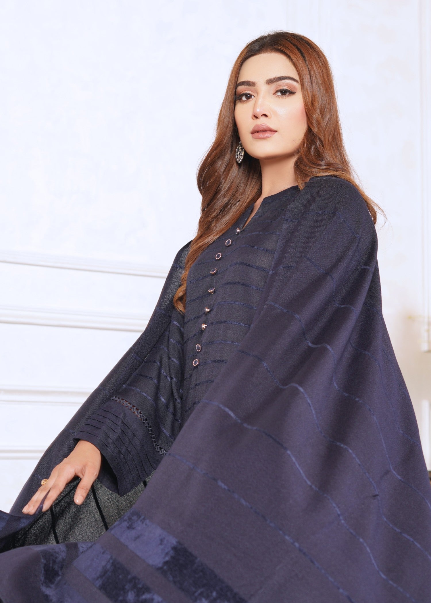 Yolo Pret Alpine Velvet Shirt with Velvet Border Shawl and Plain Trouser W24 VEL 0004 Women 3pcs