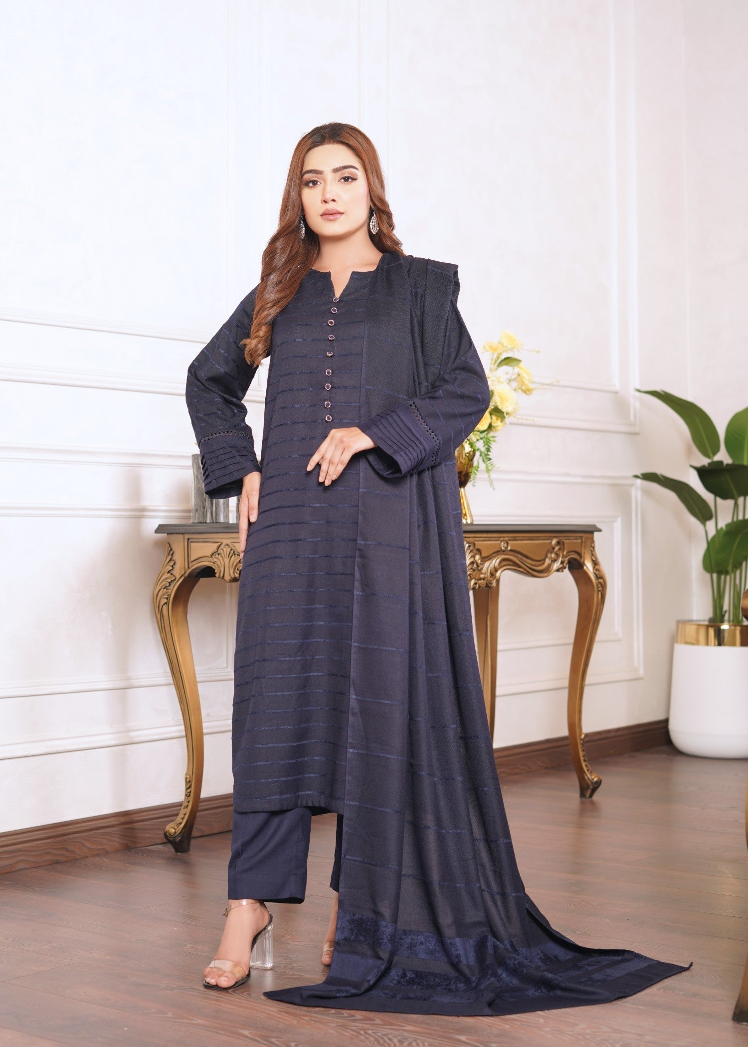 Yolo Pret Alpine Velvet Shirt with Velvet Border Shawl and Plain Trouser W24 VEL 0004 Women 3pcs
