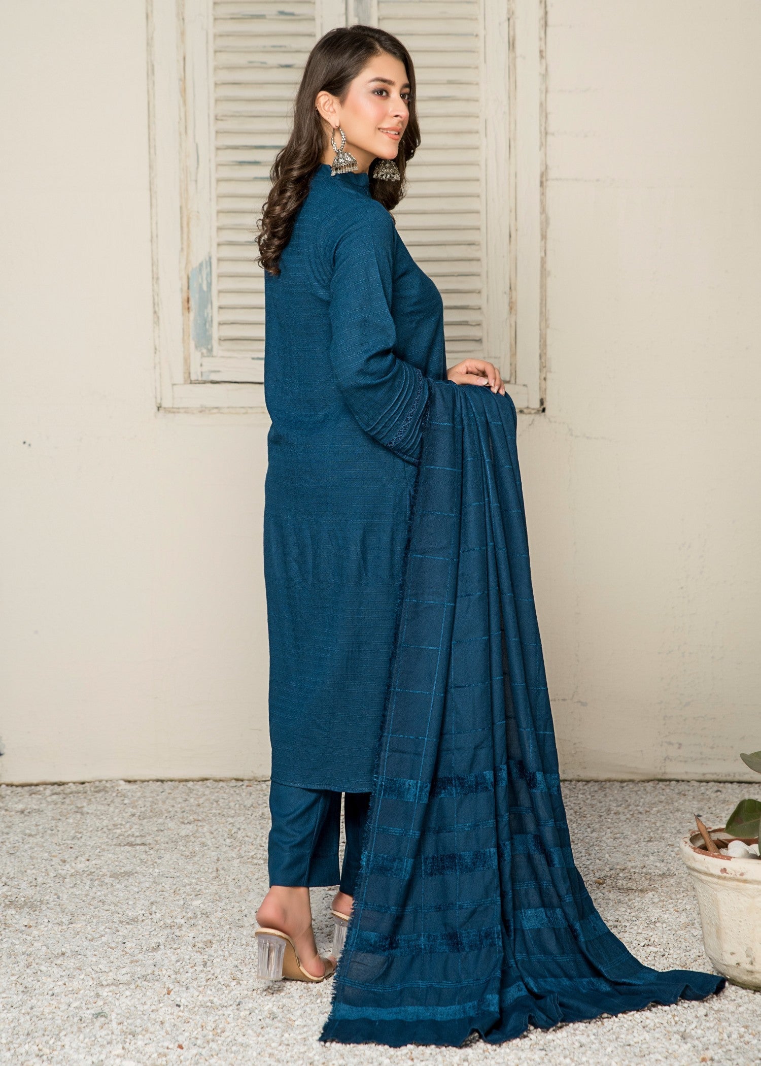 Yolo Pret Alpine Rib Shirt with Velvet Border Shawl and Plain Trouser W24 VEL 0005 Women 3pcs