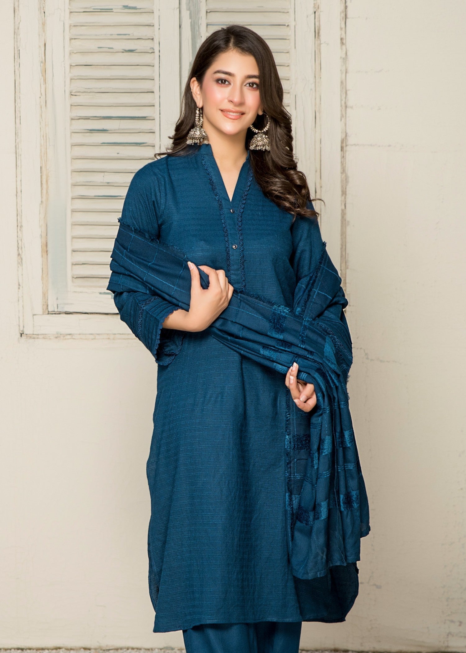 Yolo Pret Alpine Rib Shirt with Velvet Border Shawl and Plain Trouser W24 VEL 0005 Women 3pcs