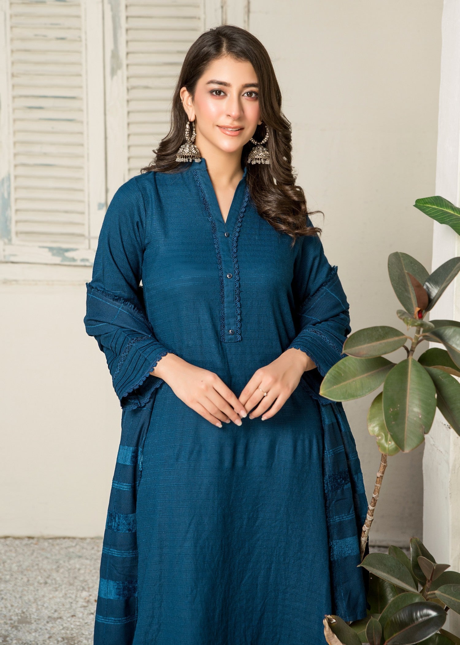 Yolo Pret Alpine Rib Shirt with Velvet Border Shawl and Plain Trouser W24 VEL 0005 Women 3pcs