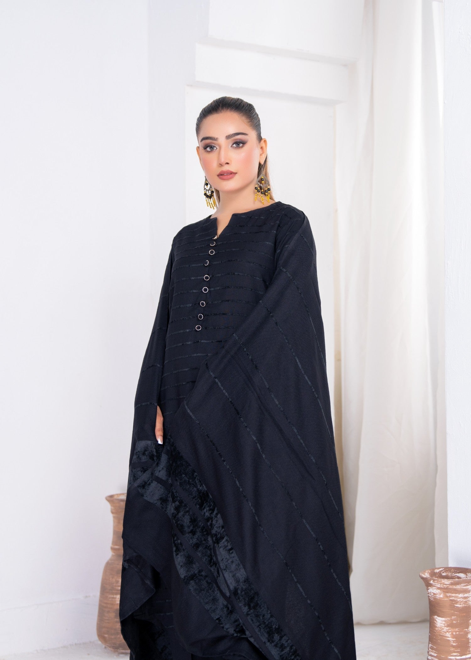 Yolo Pret Alpine Velvet Shirt with Velvet Border Shawl and Plain Trouser W24 VEL 0008 Women 3pcs