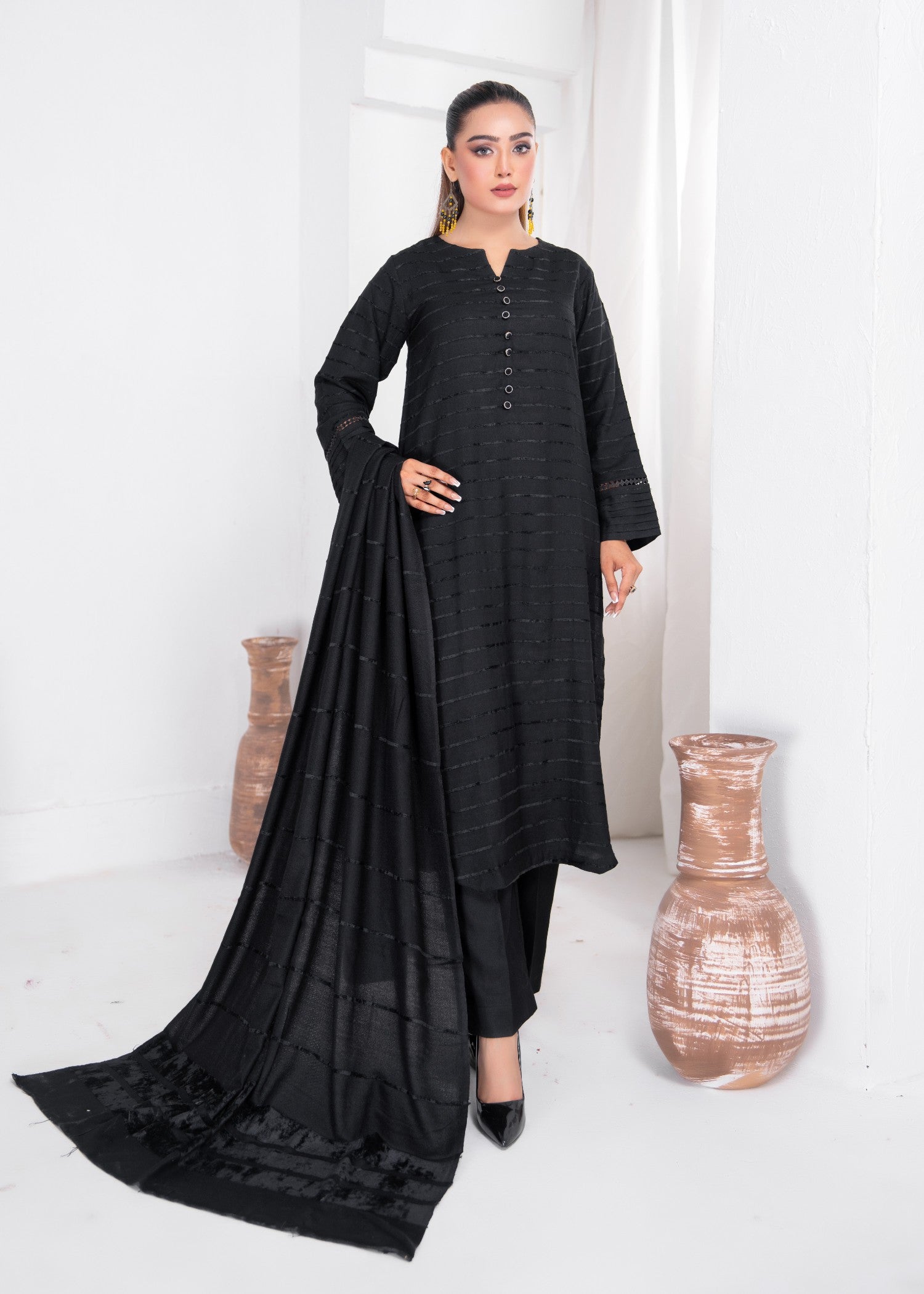 Yolo Pret Alpine Velvet Shirt with Velvet Border Shawl and Plain Trouser W24 VEL 0008 Women 3pcs