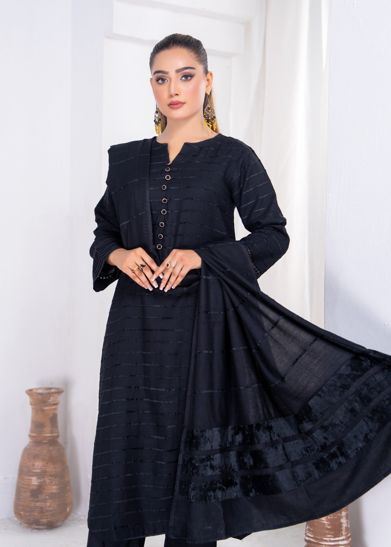 Yolo Pret Alpine Velvet Shirt with Velvet Border Shawl and Plain Trouser W24 VEL 0008 Women 3pcs