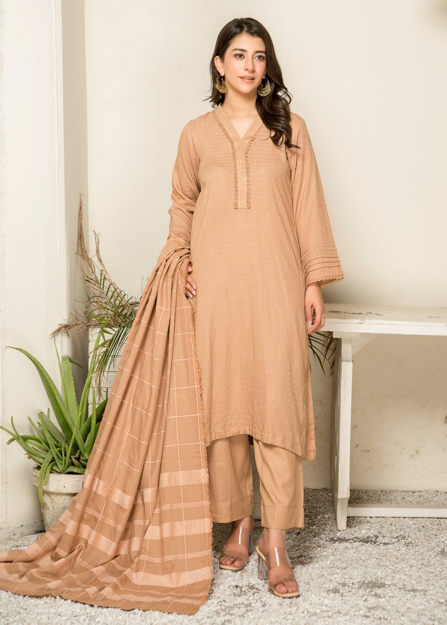 Yolo Pret Alpine Rib Shirt with Velvet Border Shawl and Plain Trouser W24 VEL 0008 Women 3pcs