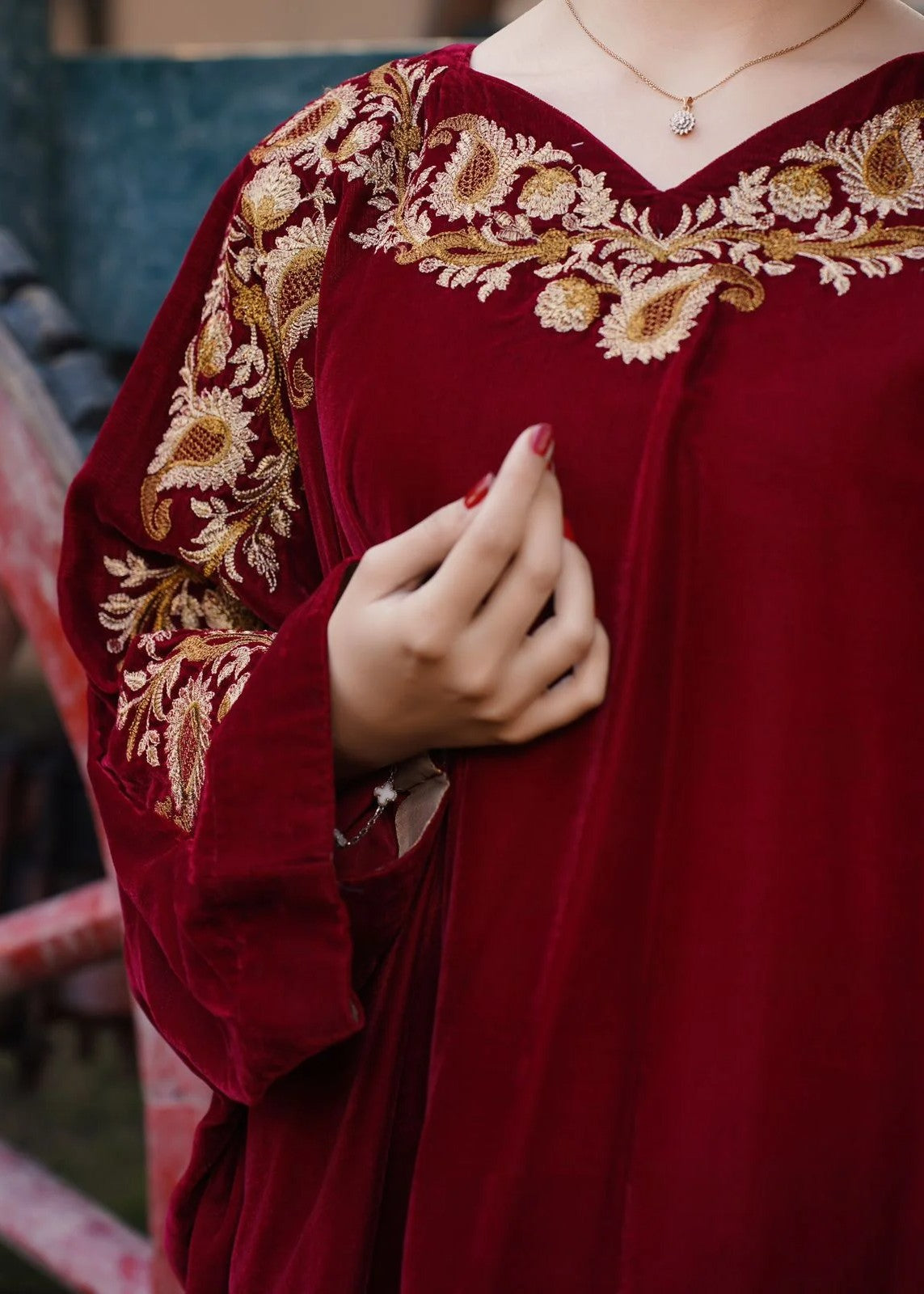 Akhrot Clothing Maroon Velvet Poncho Women 1pcs