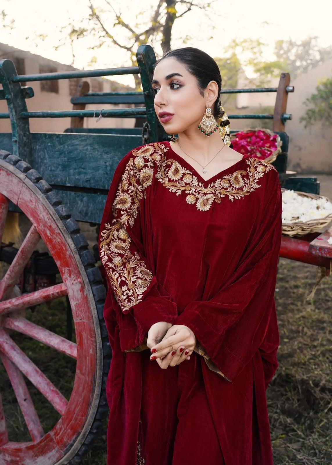 Akhrot Clothing Maroon Velvet Poncho Women 1pcs