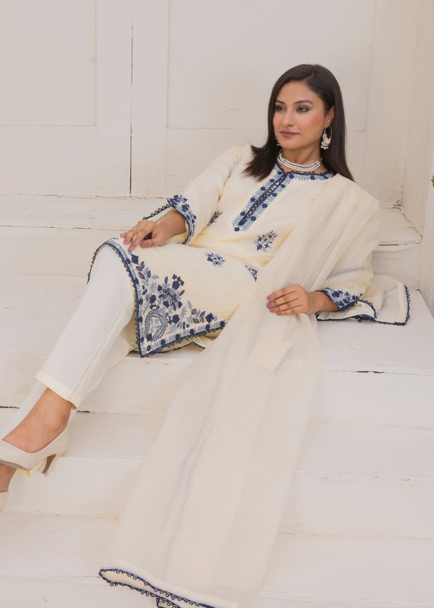 Yaaqot Official Blue Embroidery Daman Stitched Women 3pcs