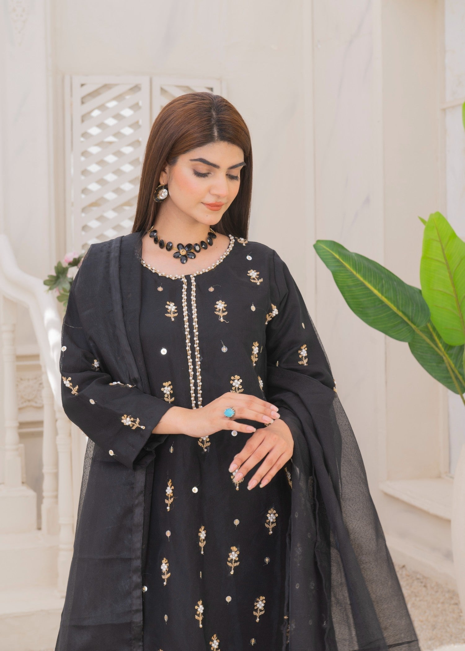 Yaaqot Official Black Handmade Neckline Stitched Women 3pcs