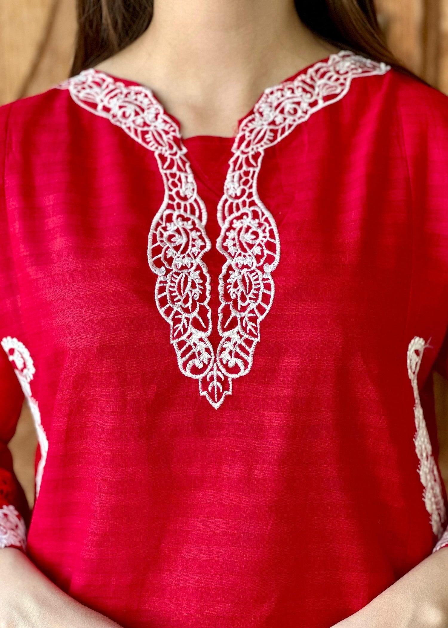 Yaaqot Official Red Cutwork Stitched 2p Women 2pcs