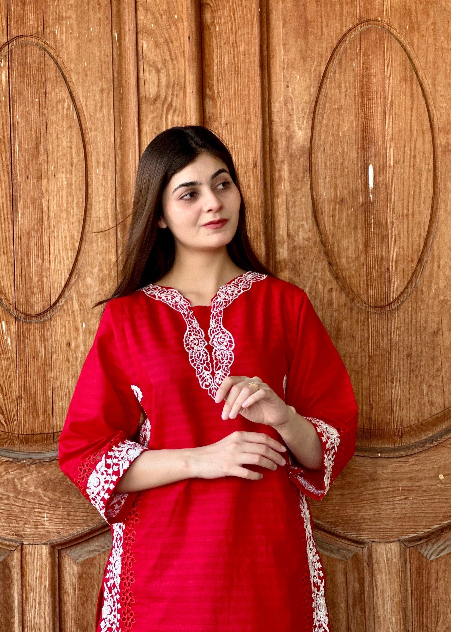 Yaaqot Official Red Cutwork Stitched 2p Women 2pcs