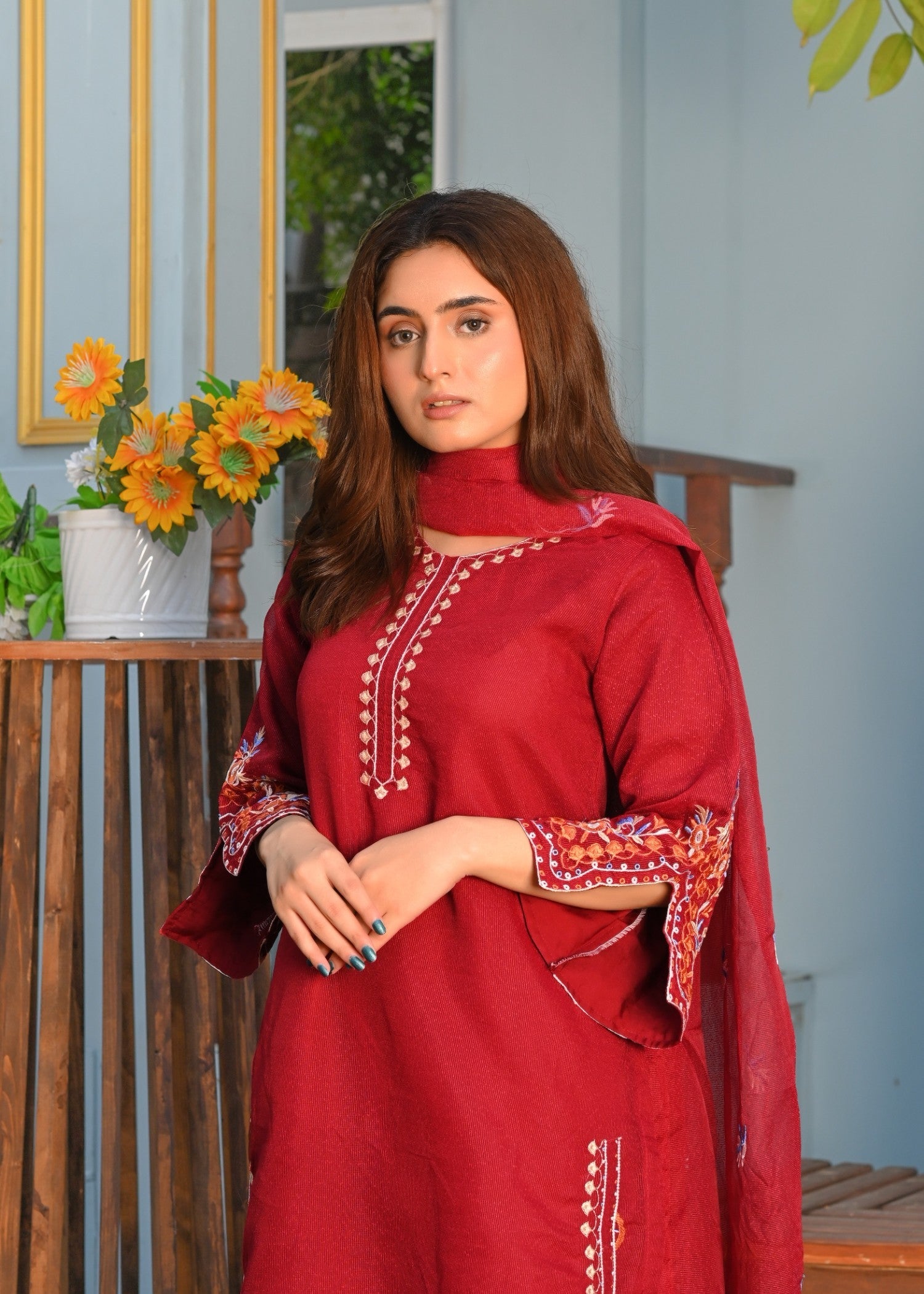 Yaaqot Official Maroon Multi Embroidery Stitched Women 3pcs