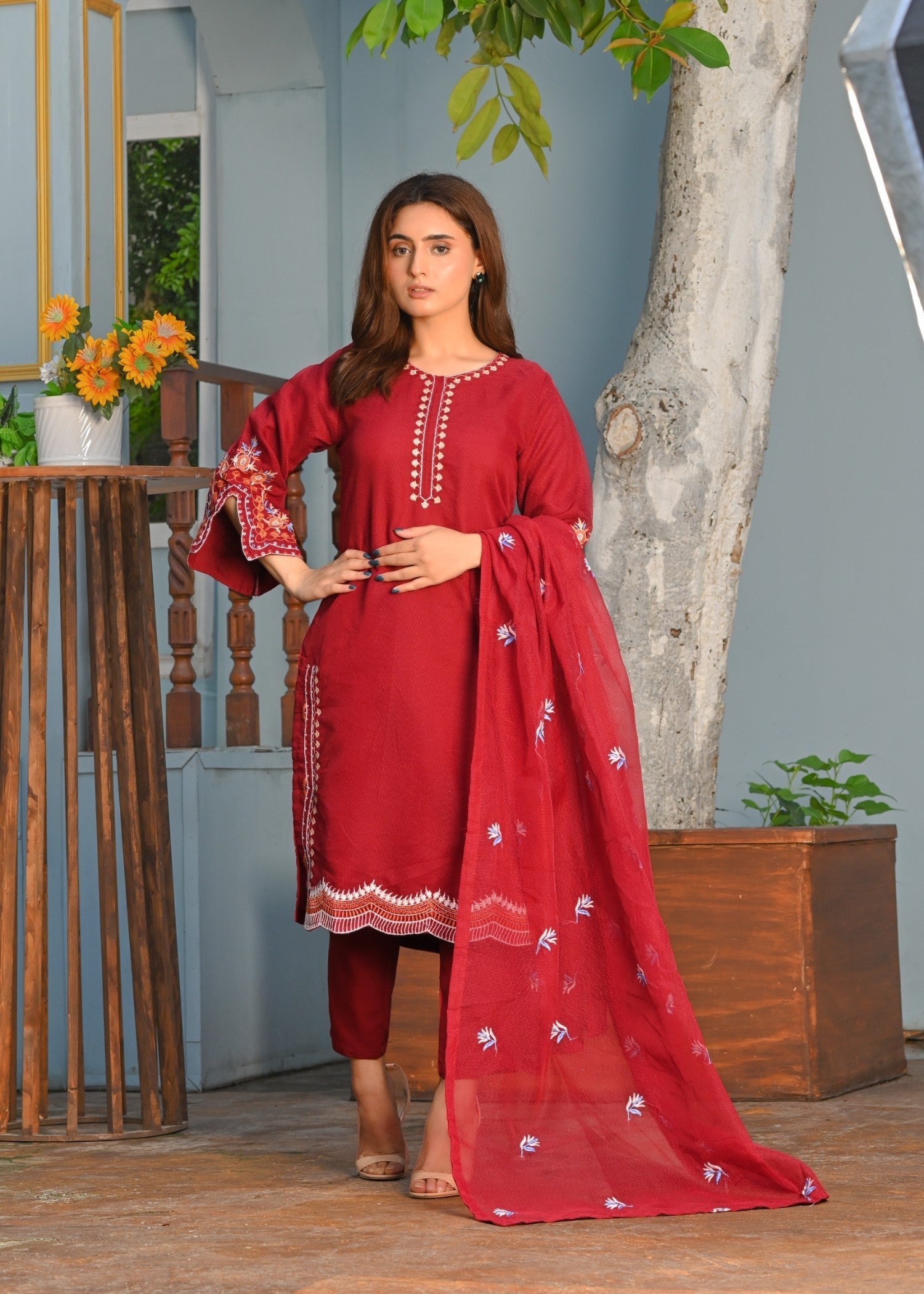 Yaaqot Official Maroon Multi Embroidery Stitched Women 3pcs