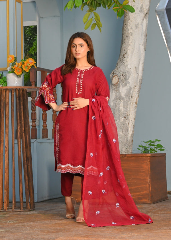 Yaaqot Official Maroon Multi Embroidery Stitched Women 3pcs