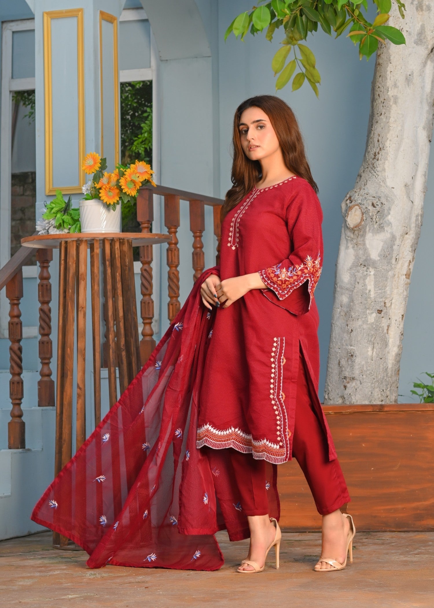 Yaaqot Official Maroon Multi Embroidery Stitched Women 3pcs