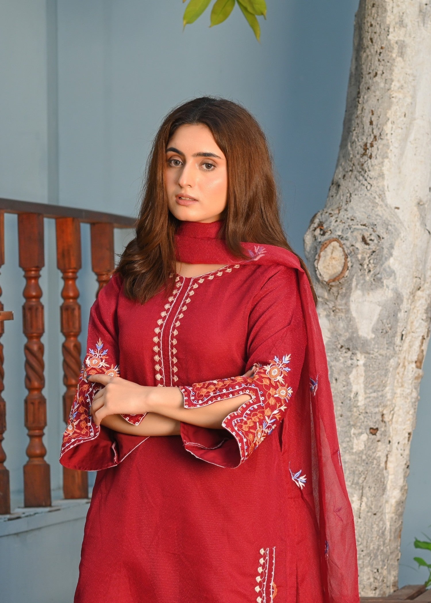 Yaaqot Official Maroon Multi Embroidery Stitched Women 3pcs
