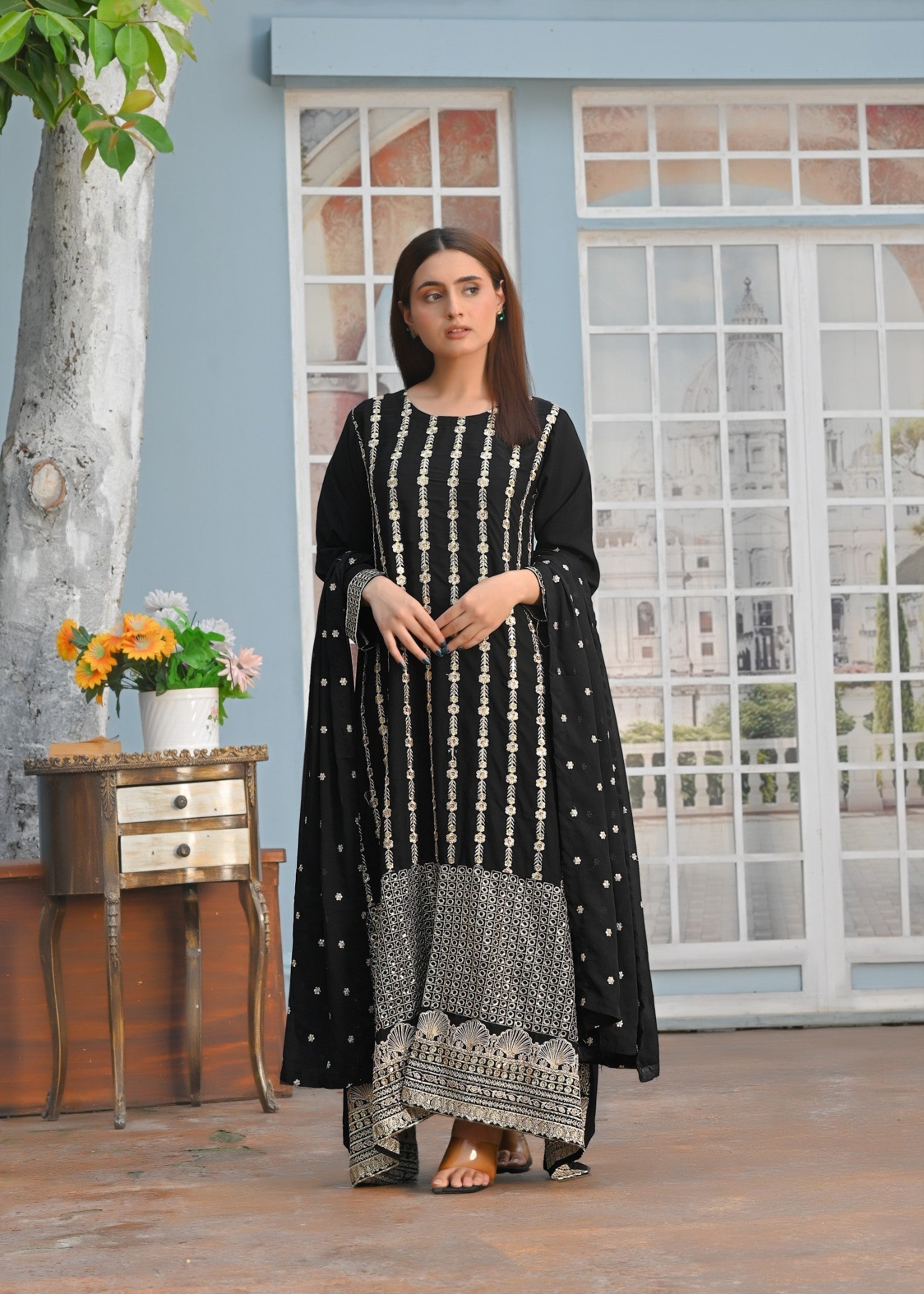 Yaaqot Official Black Embroidery Long Frock Stitched Women 3pcs