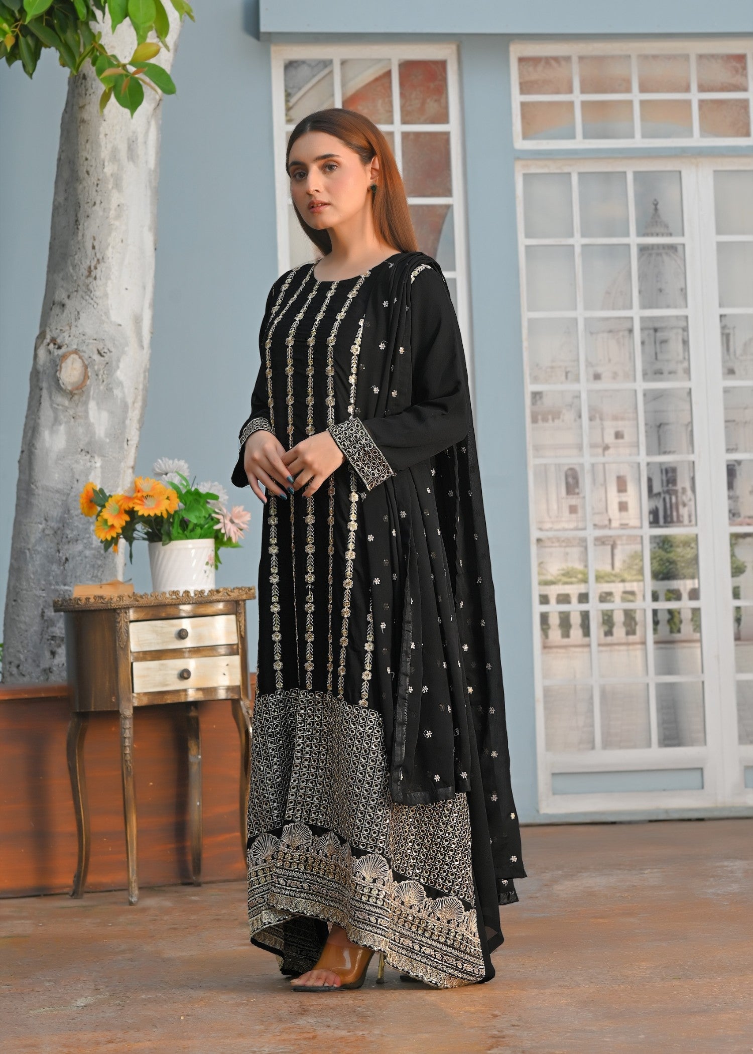 Yaaqot Official Black Embroidery Long Frock Stitched Women 3pcs