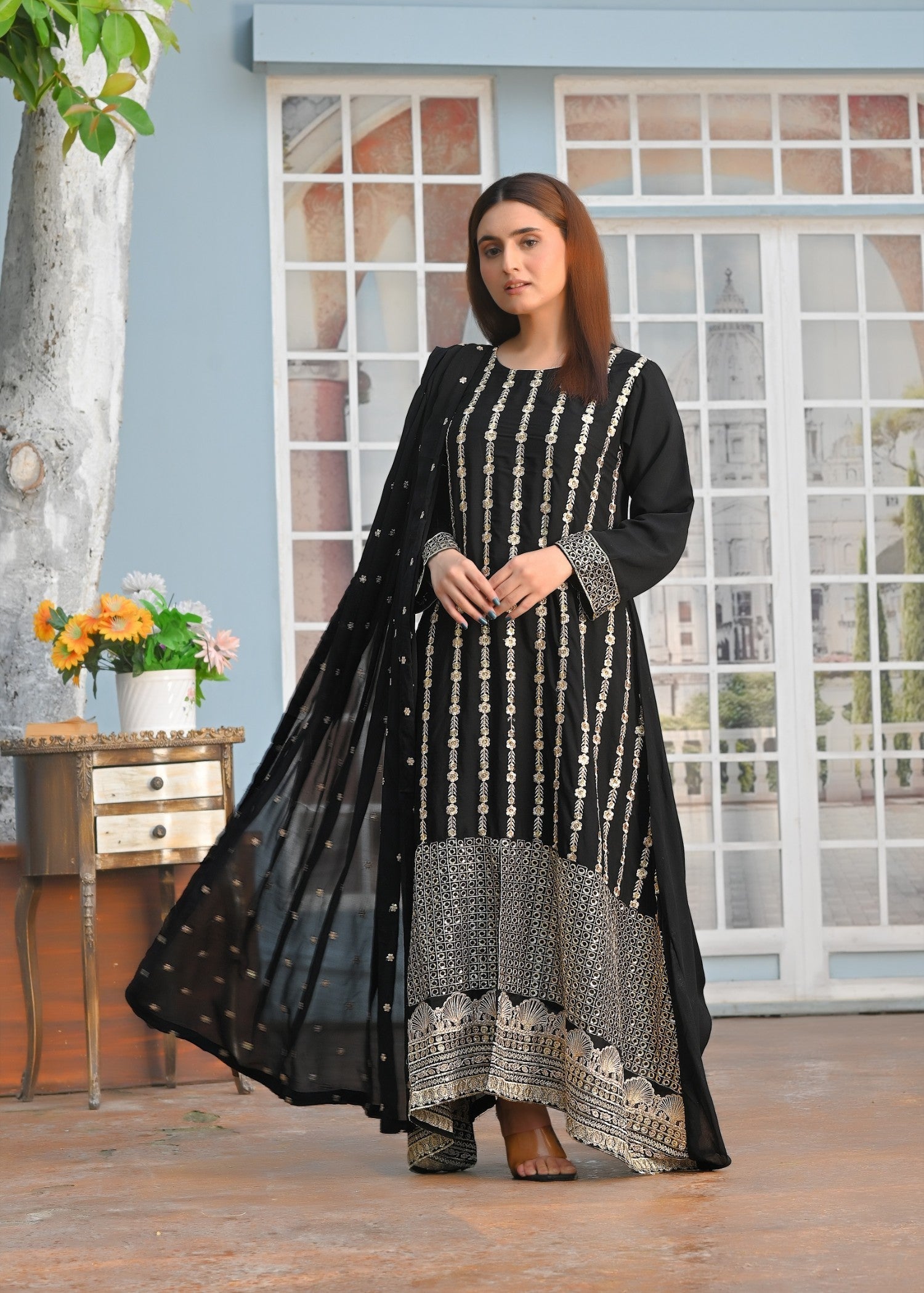 Yaaqot Official Black Embroidery Long Frock Stitched Women 3pcs