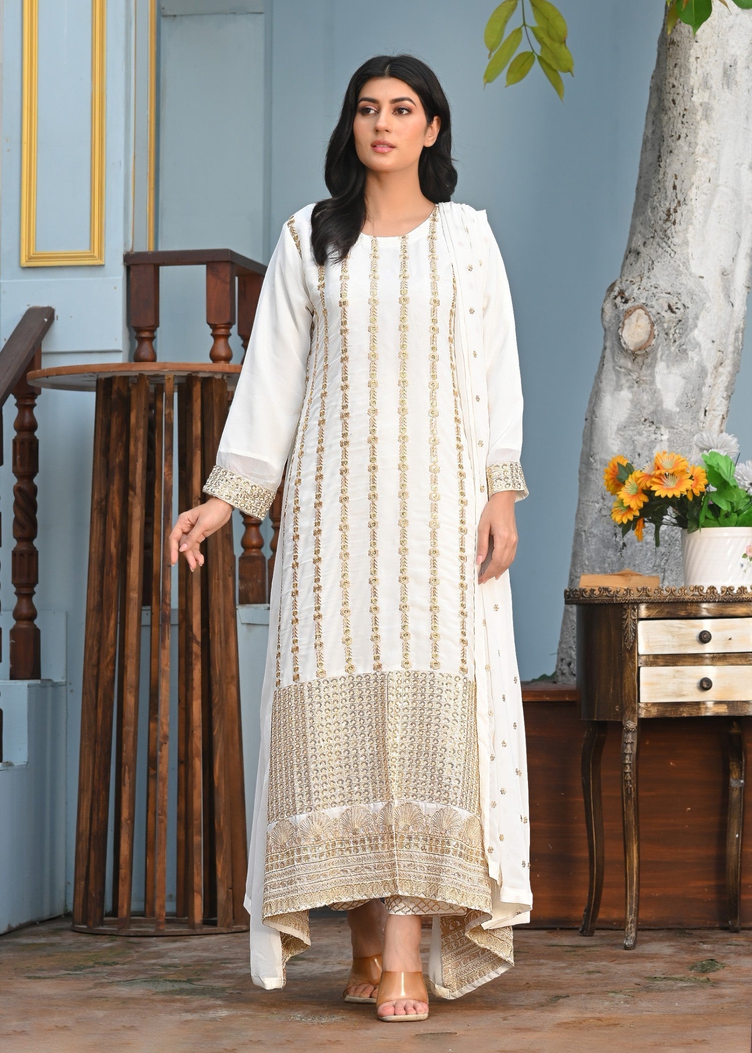 Yaaqot Official OffWhite Embroidery Long Frock Stitched Women 3pcs