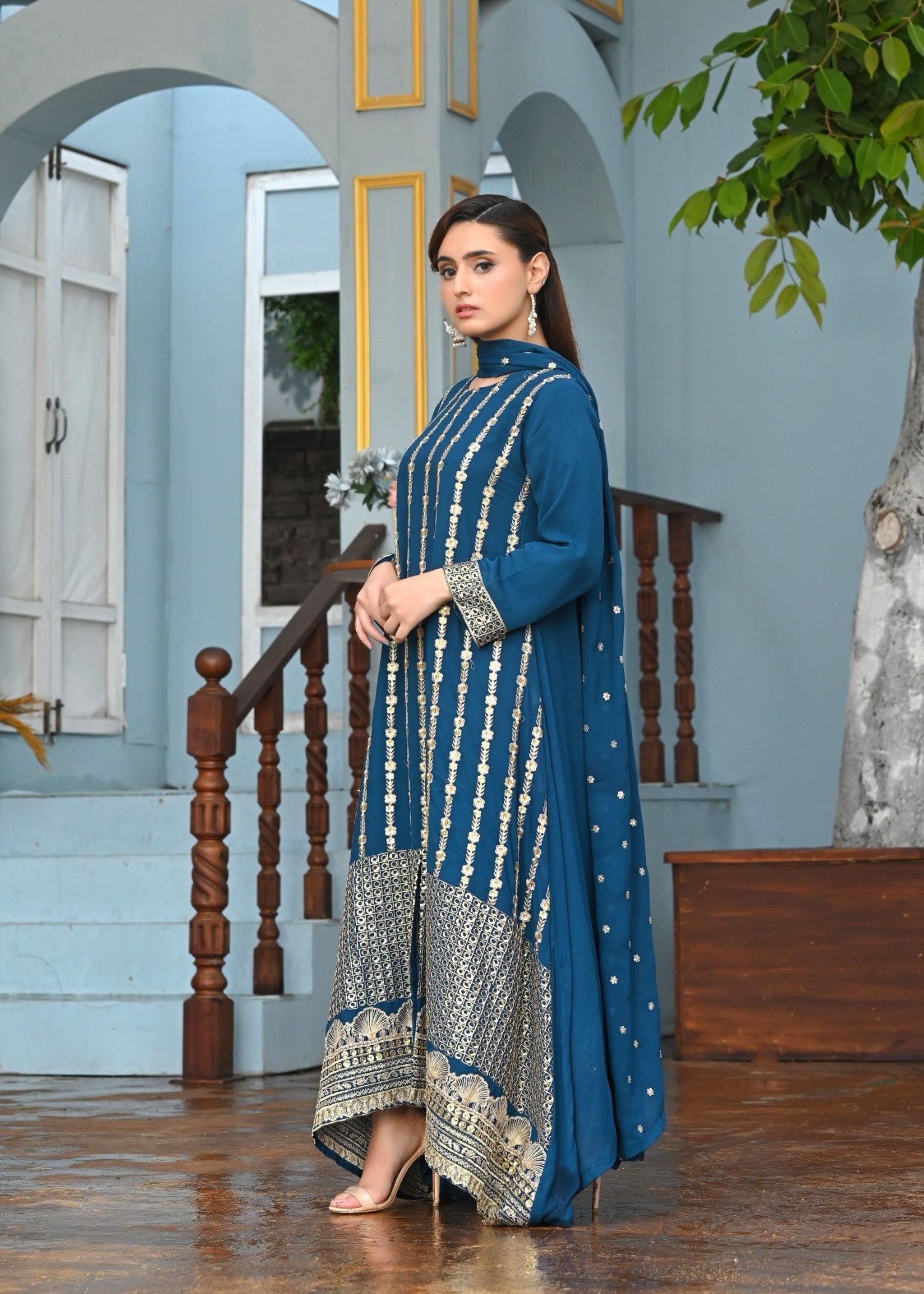 Yaaqot Official Teal Embroidery Long Frock Stitched Women 3pcs