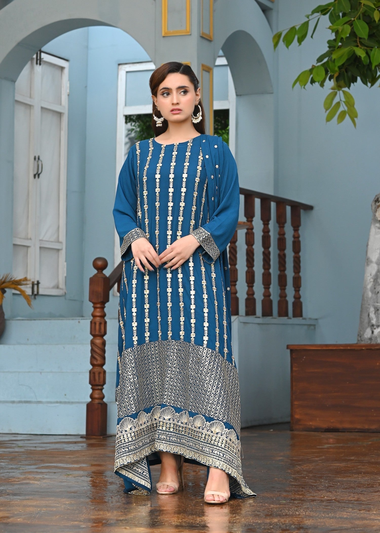 Yaaqot Official Teal Embroidery Long Frock Stitched Women 3pcs