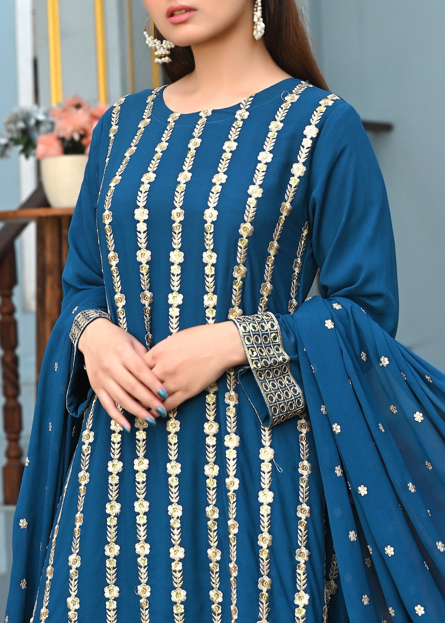 Yaaqot Official Teal Embroidery Long Frock Stitched Women 3pcs