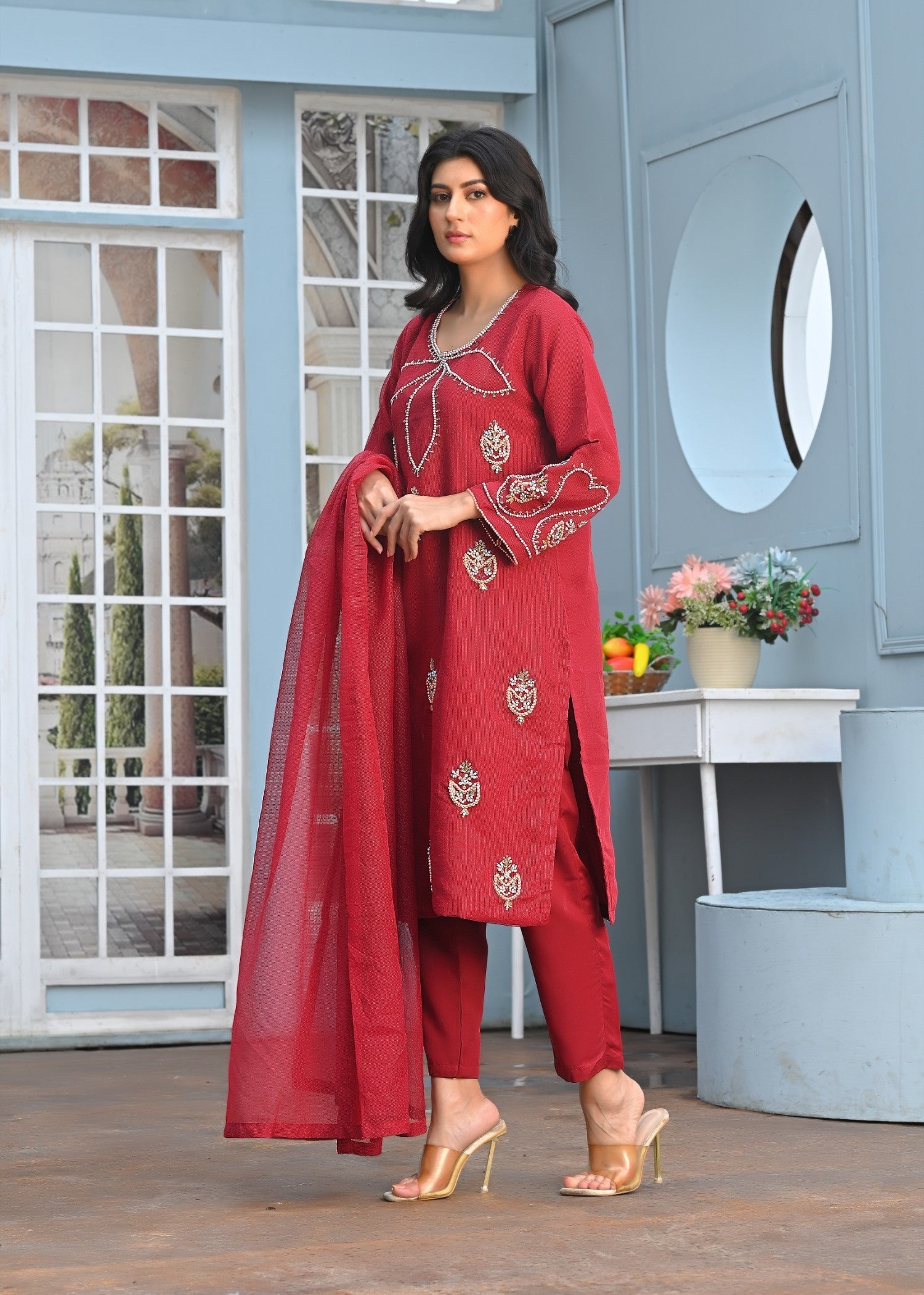 Yaaqot Official Flover Maroon Neckline Stitched Women 3pcs