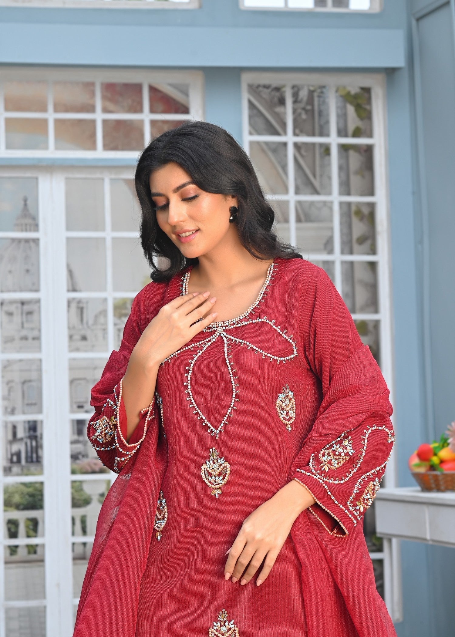 Yaaqot Official Flover Maroon Neckline Stitched Women 3pcs