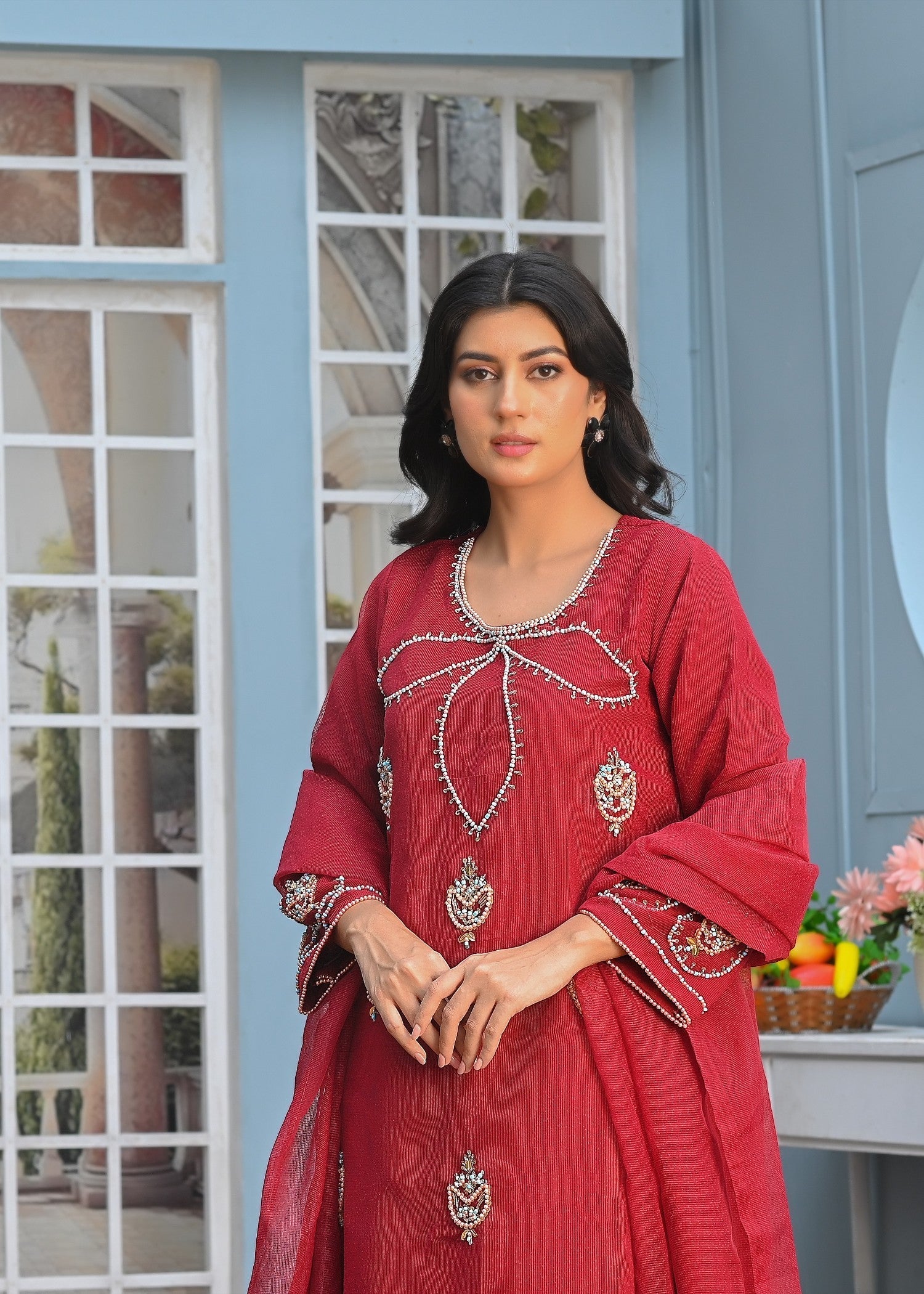 Yaaqot Official Flover Maroon Neckline Stitched Women 3pcs