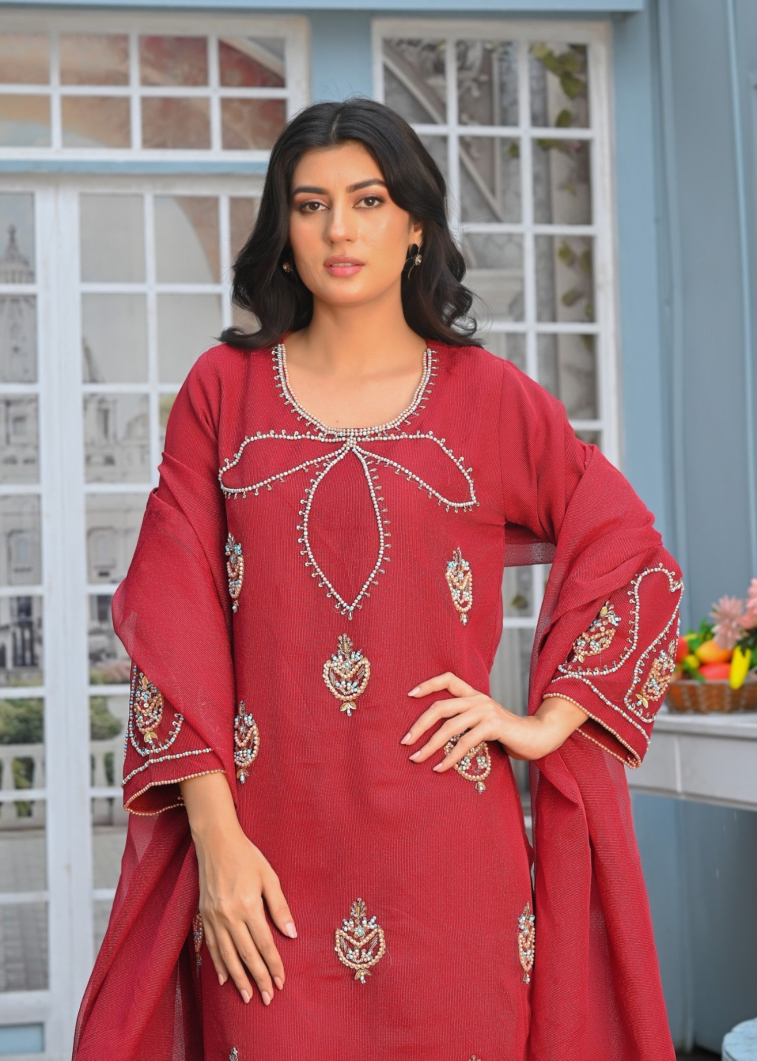 Yaaqot Official Flover Maroon Neckline Stitched Women 3pcs