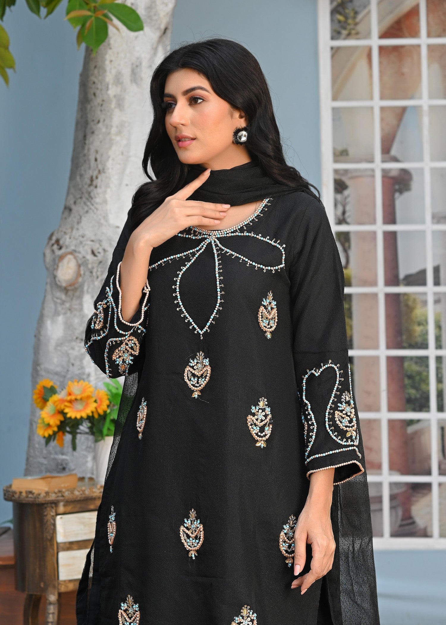 Yaaqot Official Flover Black Neckline Stitched Women 3pcs