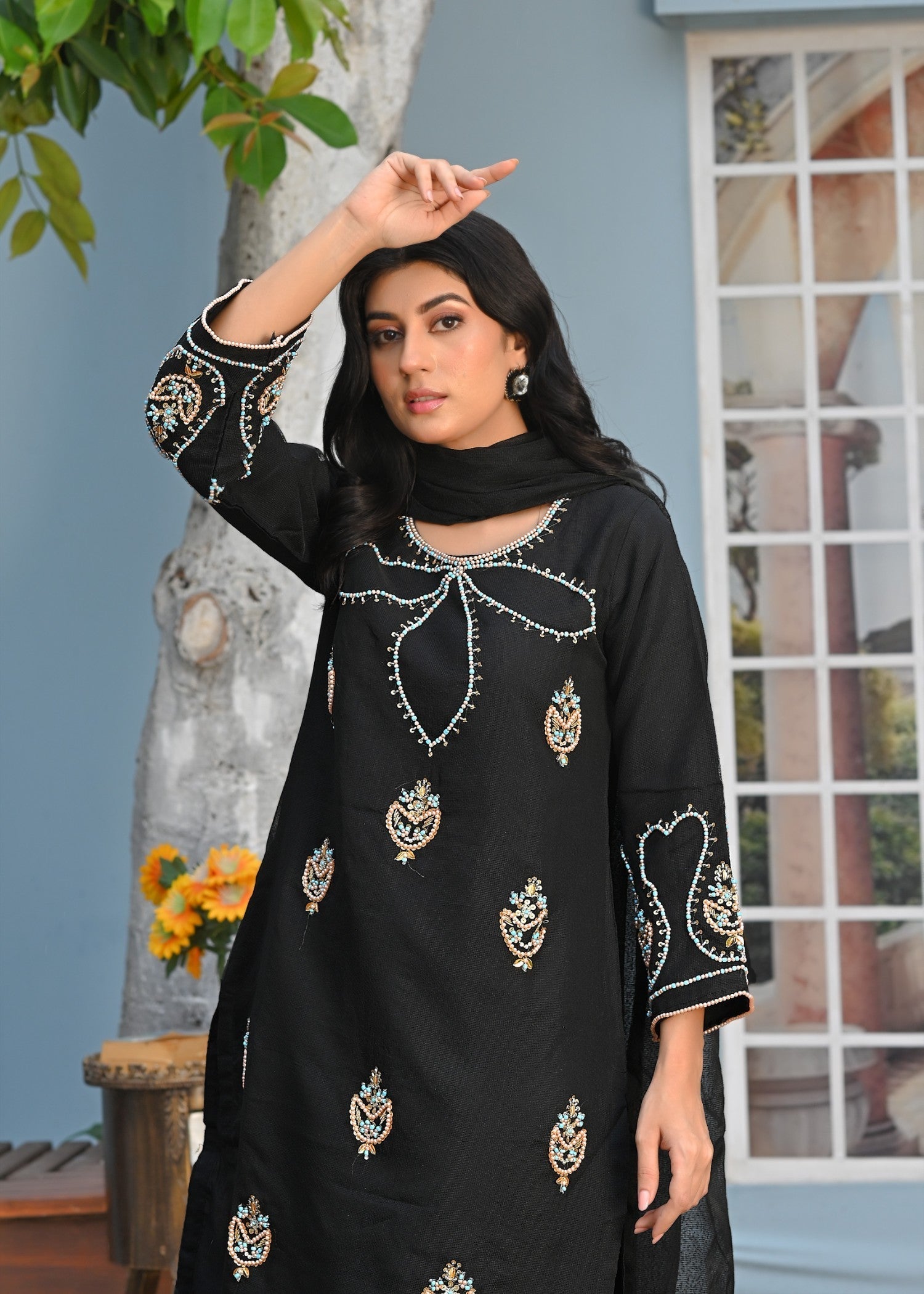 Yaaqot Official Flover Black Neckline Stitched Women 3pcs