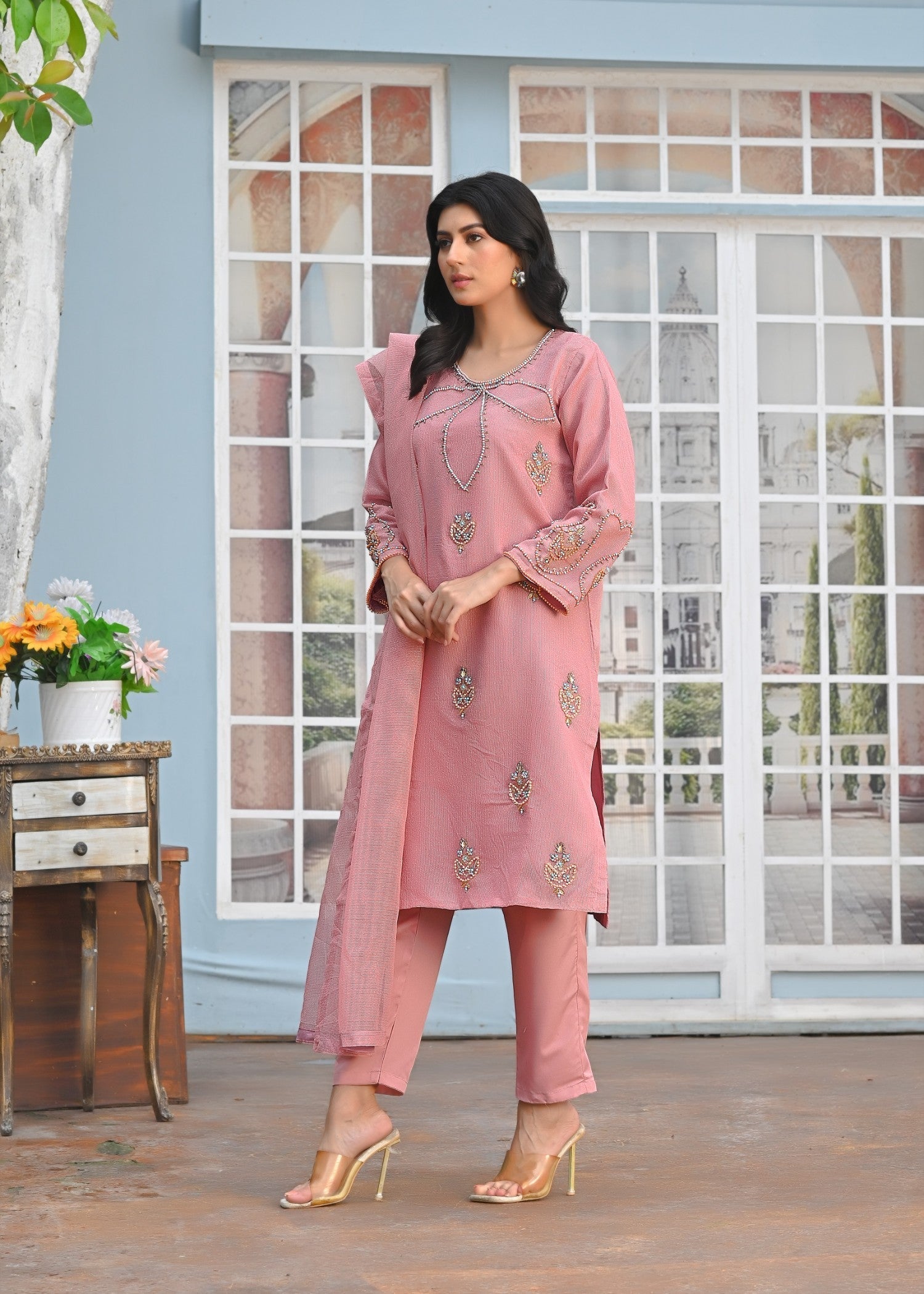 Yaaqot Official Flover Baby Pink Neckline Stitched Women 3pcs