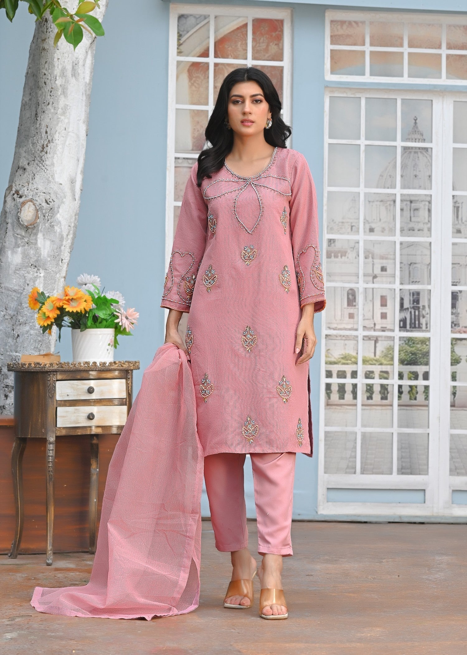 Yaaqot Official Flover Baby Pink Neckline Stitched Women 3pcs