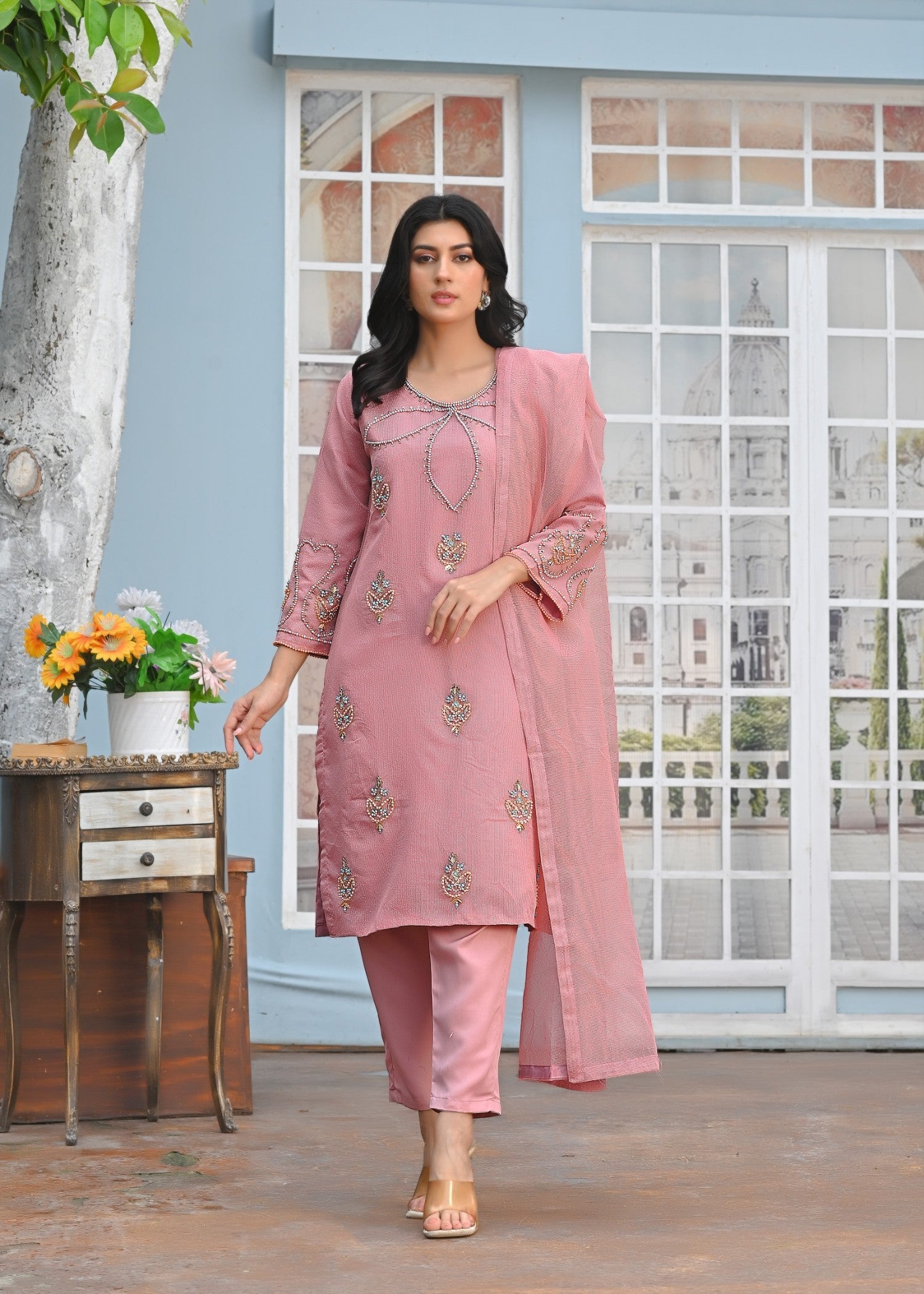 Yaaqot Official Flover Baby Pink Neckline Stitched Women 3pcs