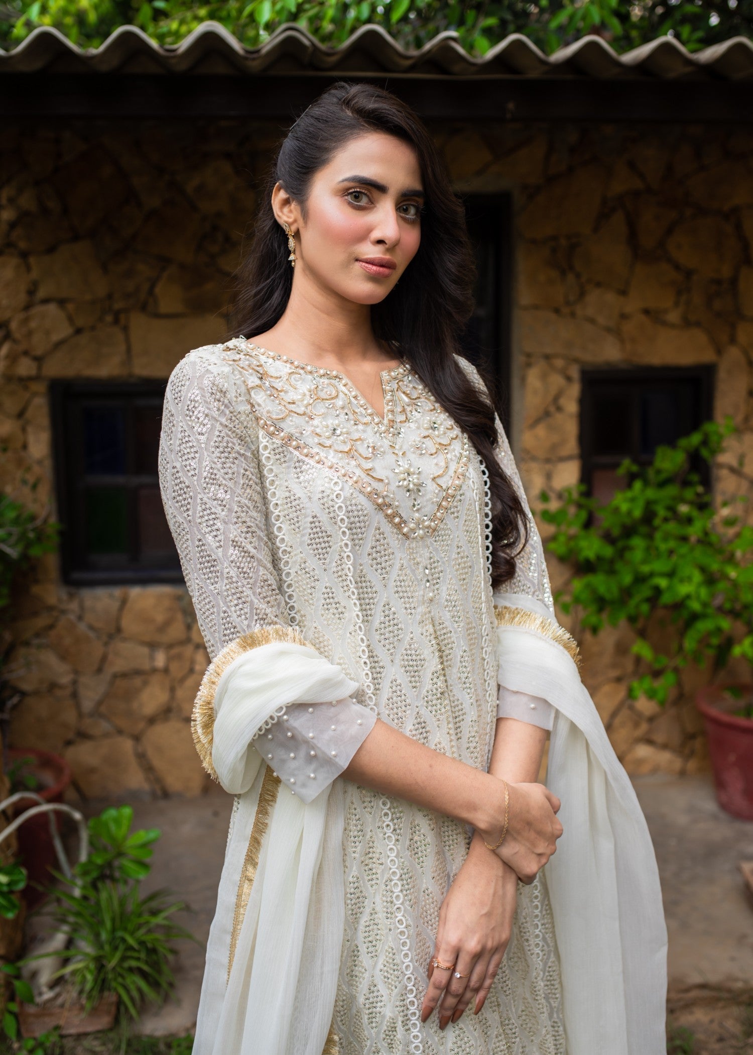 Mona Embroidery Floral Weaves offwhite Women 3pcs