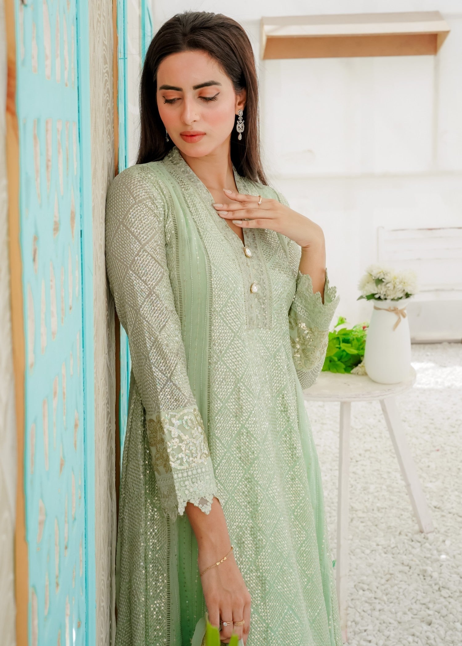 Mona Embroidery Ethereal Lace Mint Green Women 3pcs
