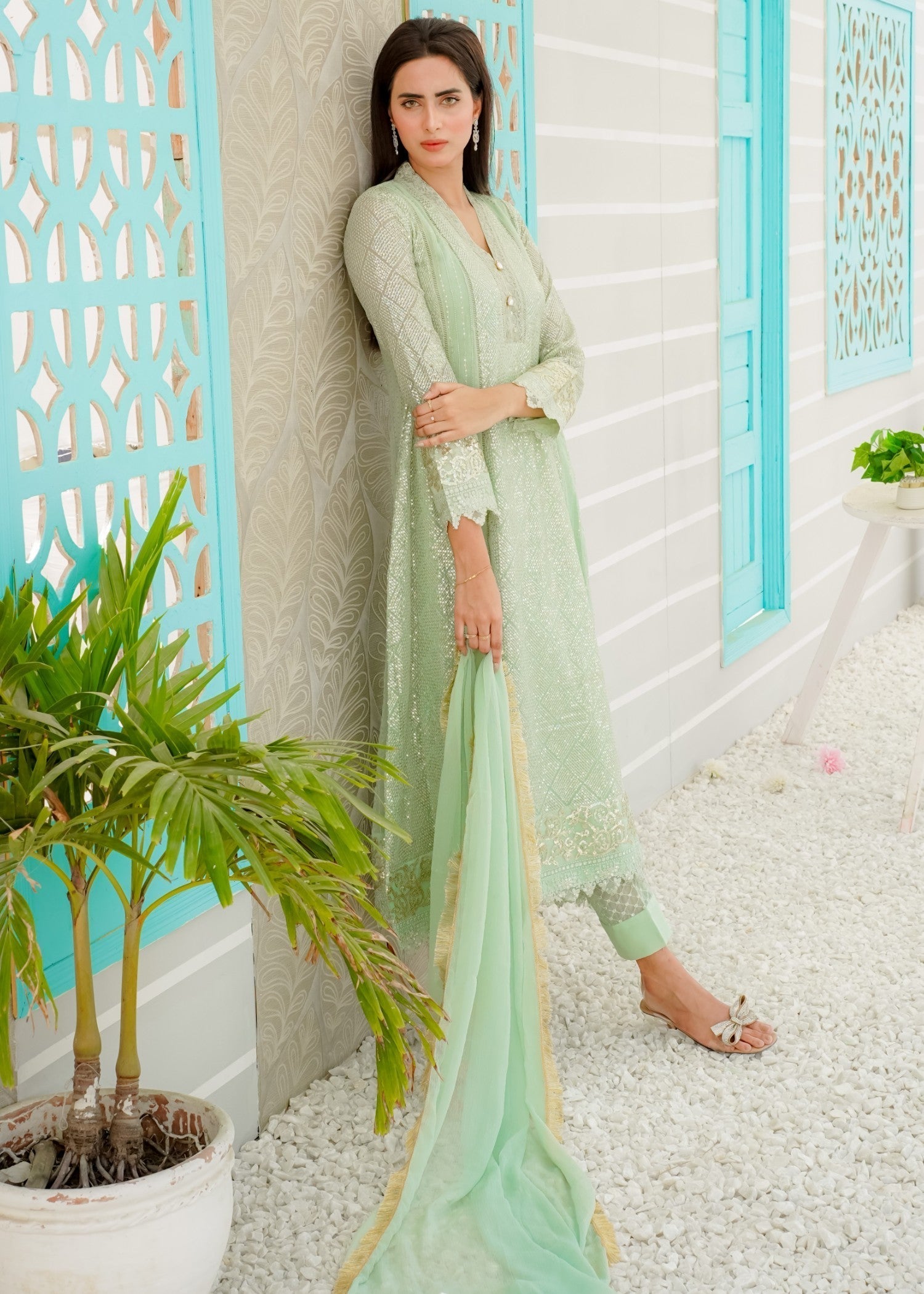Mona Embroidery Ethereal Lace Mint Green Women 3pcs