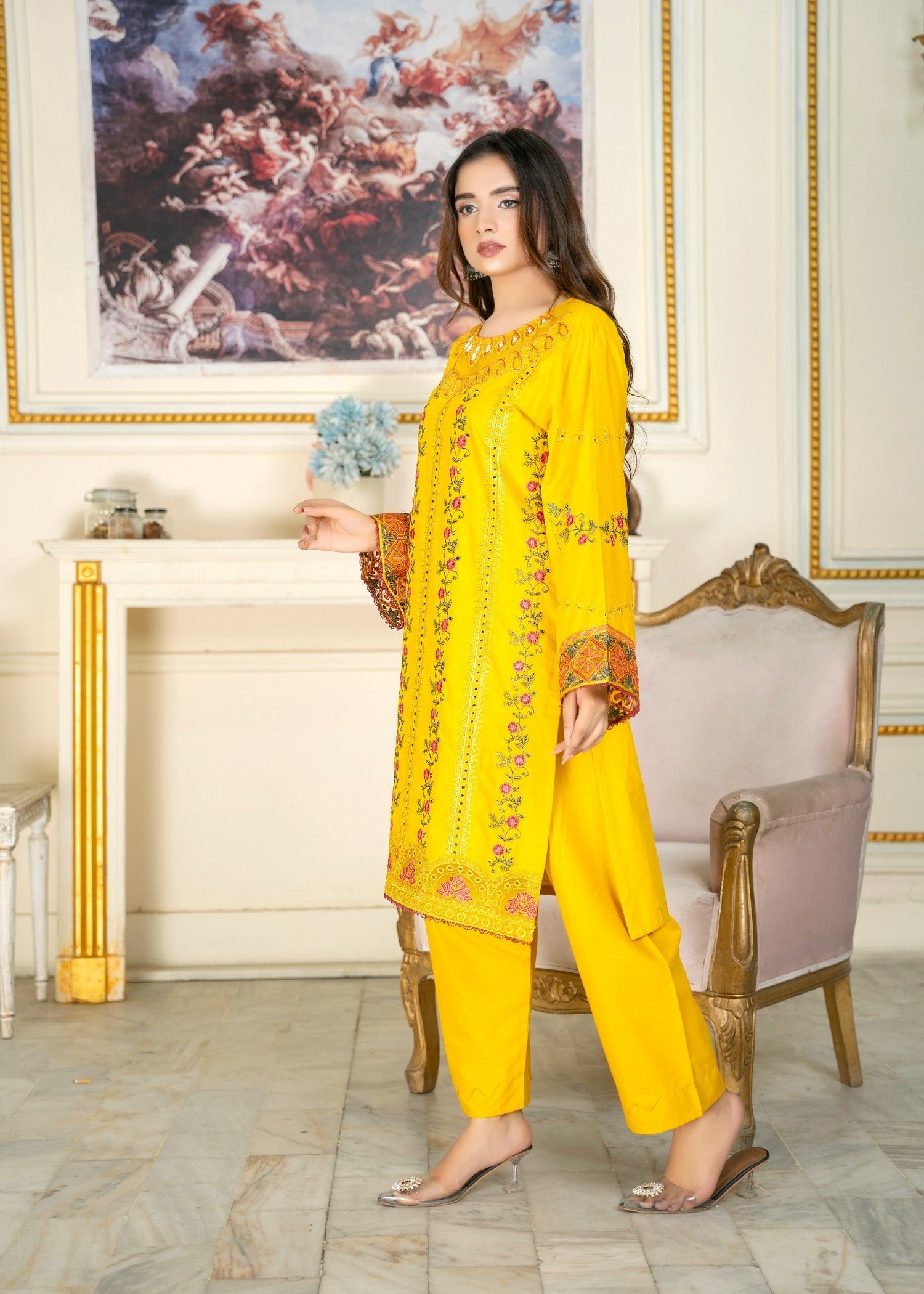 Araish Yellow Cambric Cotton Chikankari '24 Women 2pcs